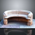 Classic Stone Curved Bench With Ornate Armrests On Brick Paved Surface