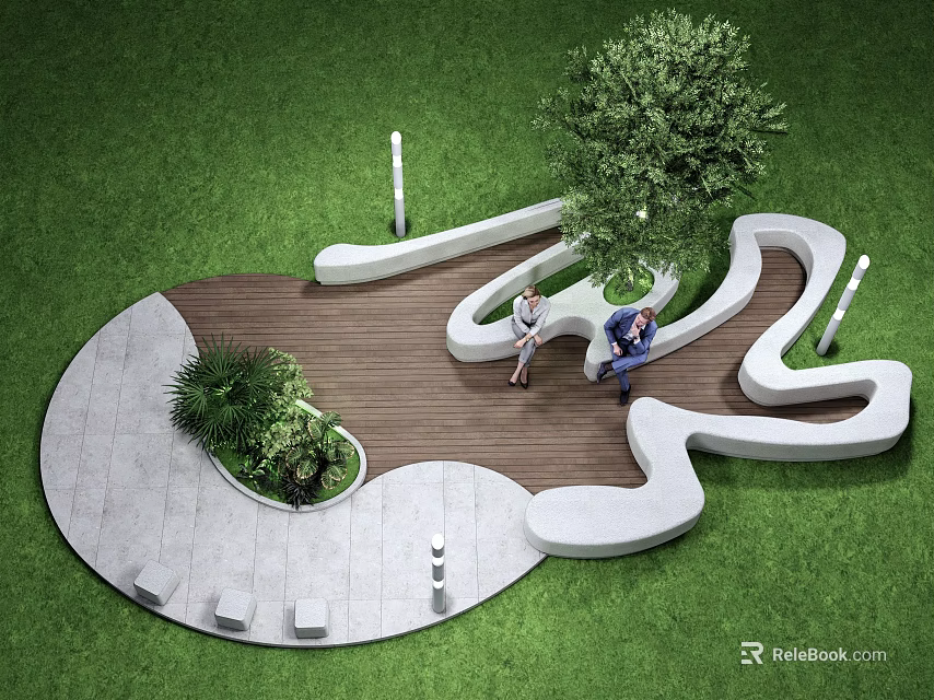 Modern Curved Outdoor Chair In Grass With Trees And People Sitting On Wooden Stone Pavement 3d model 