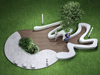 Modern Curved Outdoor Chair In Grass With Trees And People Sitting On Wooden Stone Pavement 3d model