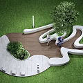 Modern Curved Outdoor Chair In Grass With Trees And People Sitting On Wooden Stone Pavement