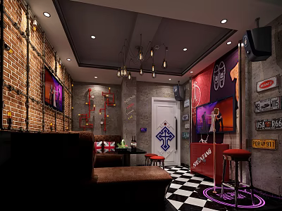 Modern KTV Interior Design With Comfortable Sofa Large Screen Microphone And Decorative Wall 3d model
