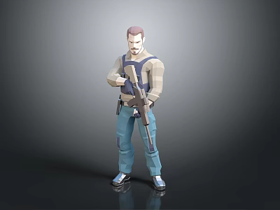 Low Poly 3D Male Character Holding Rifle Wearing Blue Pants And Vest 3d model