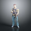 Low Poly 3D Male Character Holding Rifle Wearing Blue Pants And Vest