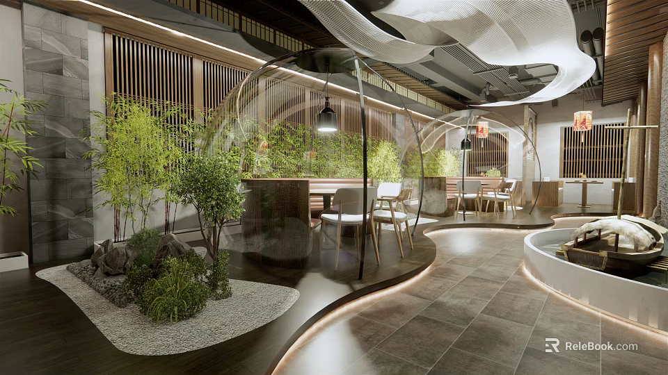 Modern Hotpot Restaurant Interior With Transparent Dome Bamboo Plants And Greenery Wall 3d model 