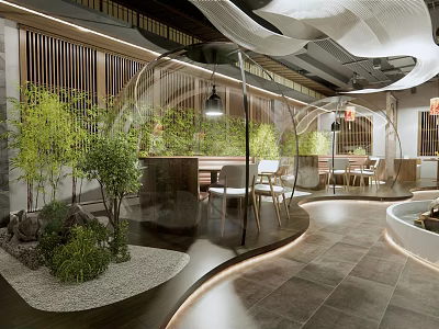 Modern Hotpot Restaurant Interior With Transparent Dome Bamboo Plants And Greenery Wall 3d model