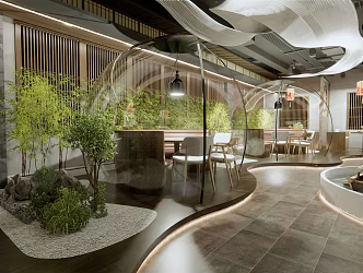New Chinese Hot Pot Restaurant Chinese Restaurant Interior Landscape Sparkling Plant Landscape Dining Table and Chair 3d model