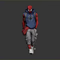 SpiderMan Character Walking Pose In Blue Hoodie Red Sleeves Gray Pants White Shoes