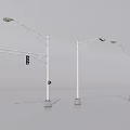 Various Outdoor Street Lights With Different Arm Designs And Traffic Lights