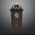 Antique Brown Grandfather Clock With Roman Numeral Dial Carved Top And Pendulum