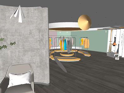 Modern Clothing Store Interior With Hanging Apparel Display Racks And Decorative Elements 3d model