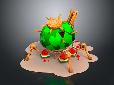 Cartoon Scene With Green Globe Wooden Decorations Watermelon Slices Red Triangles And Cloud Base 3d model