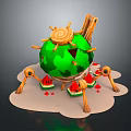 Cartoon Scene With Green Globe Wooden Decorations Watermelon Slices Red Triangles And Cloud Base