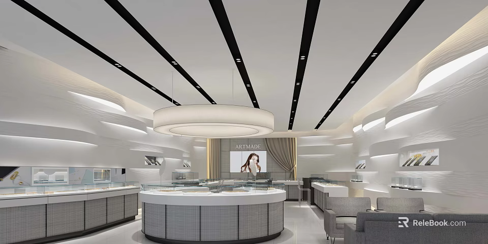 Modern Jewelry Store Interior Design With Round Display Counters And Pendant Lights 3d model 