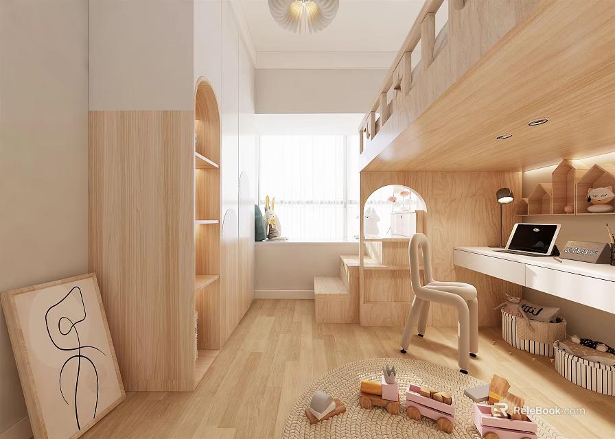 Wooden Kids Room Interior With Bunk Bed Desk Chair Toys And Wall Drawing 3d model 