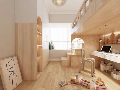 Wooden Kids Room Interior With Bunk Bed Desk Chair Toys And Wall Drawing 3d model