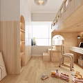 Wooden Kids Room Interior With Bunk Bed Desk Chair Toys And Wall Drawing
