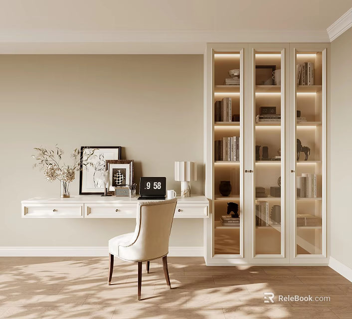 Study Room Interior With White Desk Chair Glass Door Bookshelf Books And Decorations 3d model 