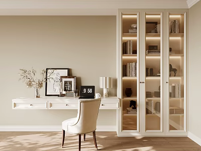 Study Room Interior With White Desk Chair Glass Door Bookshelf Books And Decorations 3d model