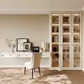 Study Room Interior With White Desk Chair Glass Door Bookshelf Books And Decorations
