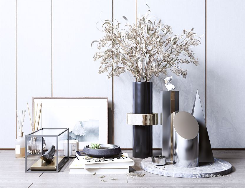 Modern Decorative Ornament Set With Vase Dried Flowers Picture Frame Metal Geometric Decor Marble Base 3d model 