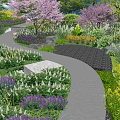 Garden Landscape With Curved Pathway Colorful Flower Beds And Cherry Blossom Trees