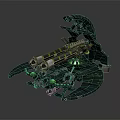 Futuristic Dual Barrel Weapon With Green Glowing Accents And Mechanical Structure Design