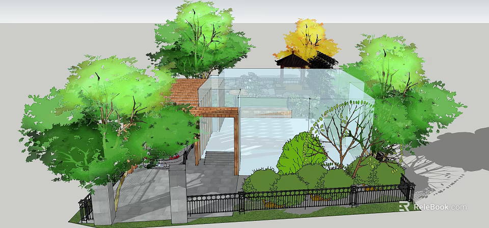 Detached Villa Surrounded by Lush Green Trees and Glass Structure with Garden Fence 3d model 