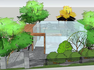 Detached Villa Surrounded by Lush Green Trees and Glass Structure with Garden Fence 3d model