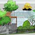 Detached Villa Surrounded by Lush Green Trees and Glass Structure with Garden Fence