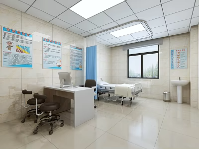 Medical Examination Room With Beige Walls Square Ceiling Lights Educational Posters Desk And Bed 3d model