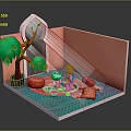 Cartoon Scene With Pink Walls Arched Doorway Potted Green Tree And Blue Tiled Floor
