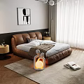 Modern Bedroom Interior With Brown Leather Headboard White Sheets Rug And Wall Painting