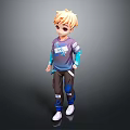 3D Blonde Haired Character In Purple Shirt Blue Sleeves Black Pants White Sneakers Standing Pose