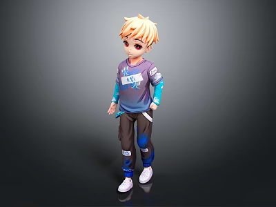 3D Blonde Haired Character In Purple Shirt Blue Sleeves Black Pants White Sneakers Standing Pose 3d model