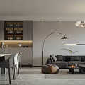 Modern Living And Dining Room Interior With Multi Bulb Chandelier TV Wall And Arched Doorway