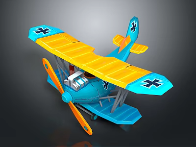 Space Themed Blue Yellow Biplane Model With Black Cross Wings And Propeller 3d model