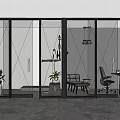 Modern Open Office Space with Glass Partitions Minimalist Desk Chair and Green Plants