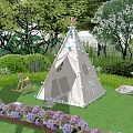 Cute Tipi Tent with Decorative Lights Windows in Garden Grass and Children Toys Day Night