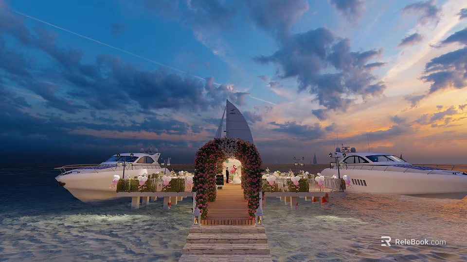 Waterfront Wedding Setup With Flower Arch Wooden Walkway And Yachts At Sunset 3d model 