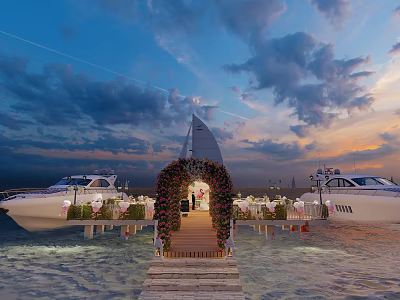 Waterfront Wedding Setup With Flower Arch Wooden Walkway And Yachts At Sunset 3d model