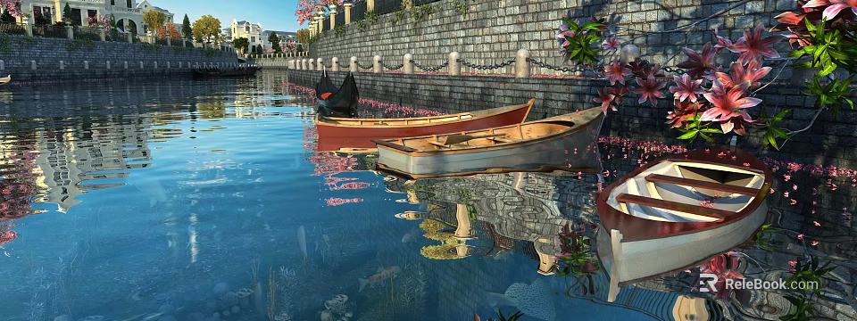 Garden Landscape Along Canal With Stone Wall Colorful Boats Cherry Blossoms And Fish Reflections 3d model 