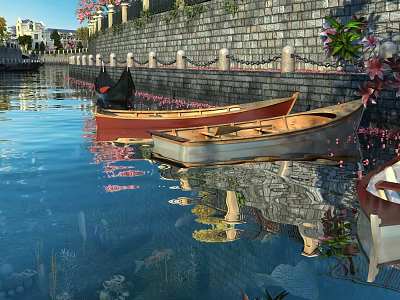 Garden Landscape Along Canal With Stone Wall Colorful Boats Cherry Blossoms And Fish Reflections 3d model