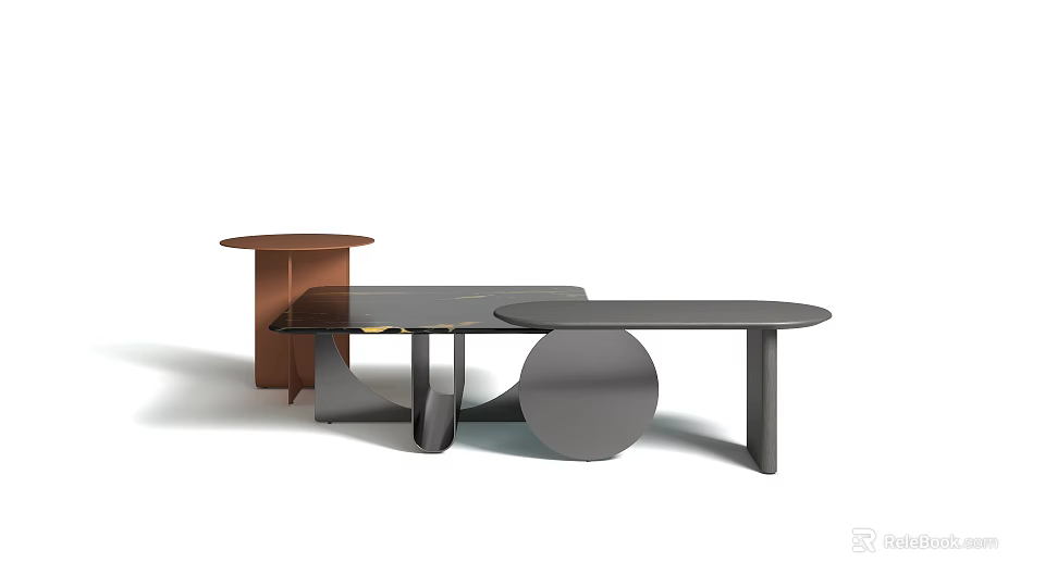 Modern Coffee Table Set Featuring Brown Round And Black Irregular Shapes Metal Frame 3d model
