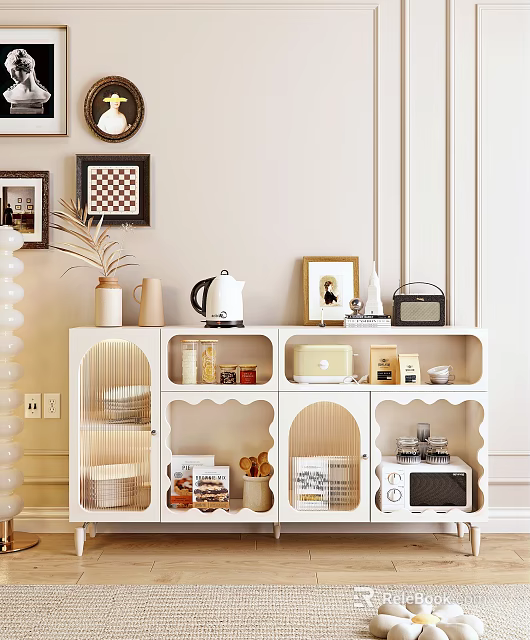 Modern Sideboard Design With Coffee Kettle Framed Photo Microwave And Storage Jars 3d model 