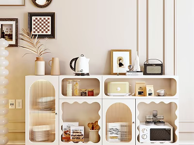 Modern Sideboard Design With Coffee Kettle Framed Photo Microwave And Storage Jars 3d model