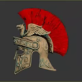 Ancient Greek Warrior Helmet with Red Plume and Gold Green Decorative Details