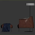Brown Leather Sofa Stool With Armchair Pillow Blanket And Floor Lamp In Dark Background