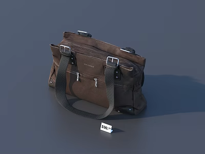 Brown Duffle Bag With Black Straps Metal Buckles And Multiple Pockets 3d model