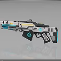 Futuristic Sci Fi Weapon With Blue Orange Illuminated Accents And Angular Design Details