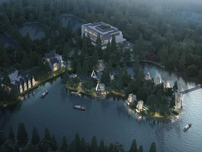 Scenic Forest Surrounded Waterfront With Luxury Villas And Boats On Lake 3d model